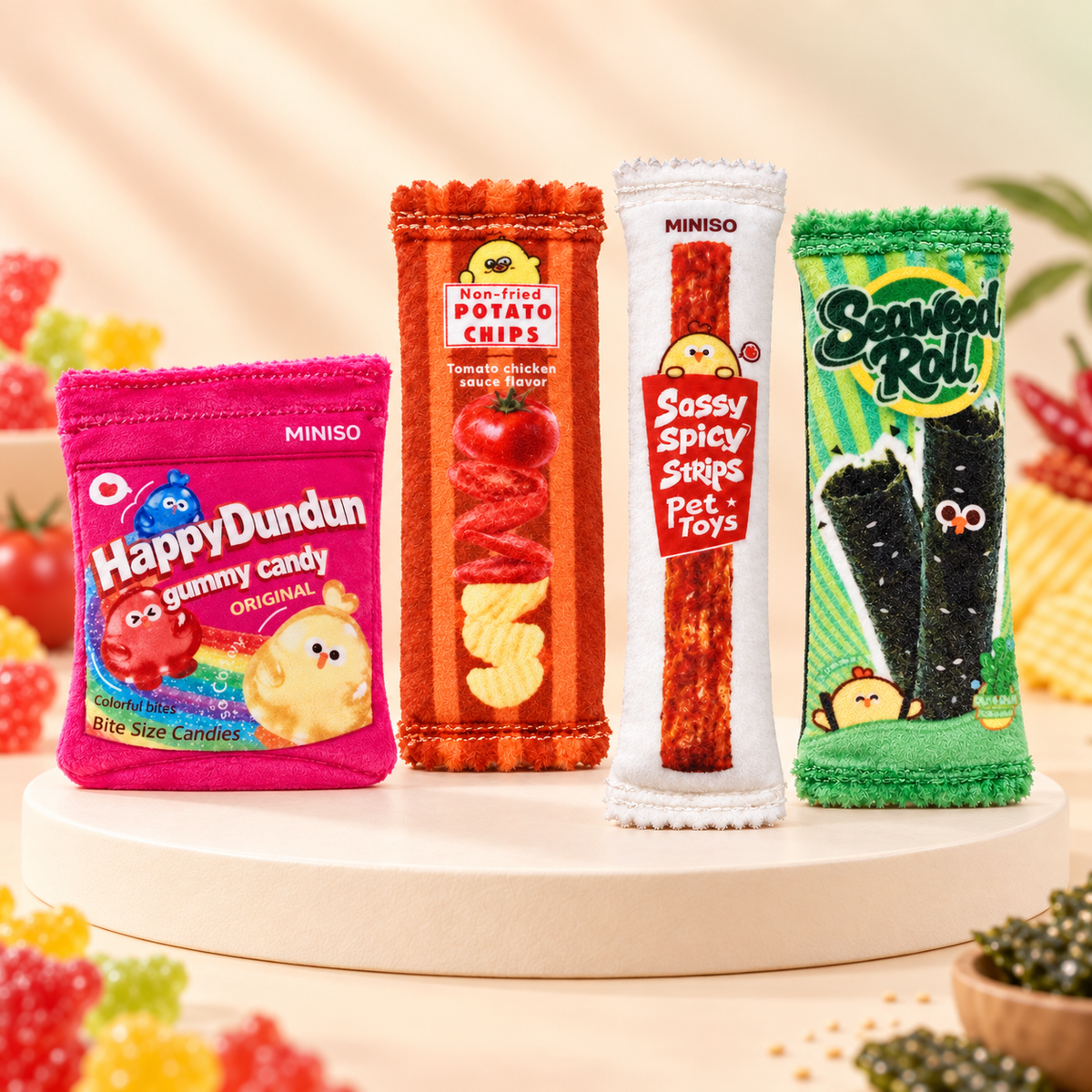 (RARE FIND) Dundun Chicken Snack Bag Mini Keychains - Potato Chips, Spicy Strips, Gummy Candy, Seaweed Roll