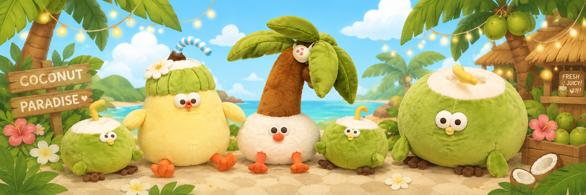 A tropical beach-themed plush toy set featuring coconut-shaped characters in a colorful cartoon scene with palm trees, ocean, and a thatched hut.