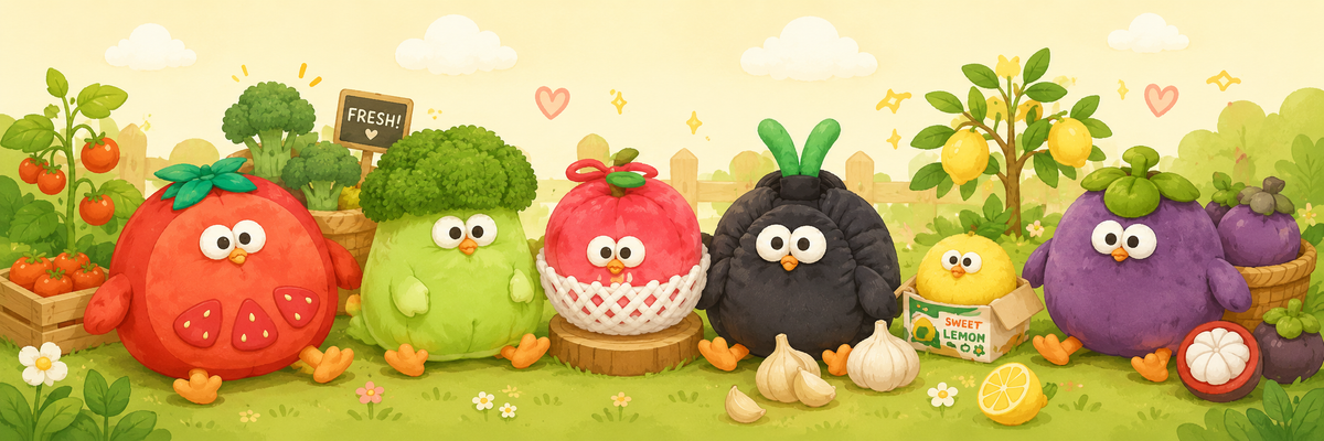 A colorful cartoon illustration of five cute vegetable characters standing in a garden market scene with produce, flowers, and a small chick character.