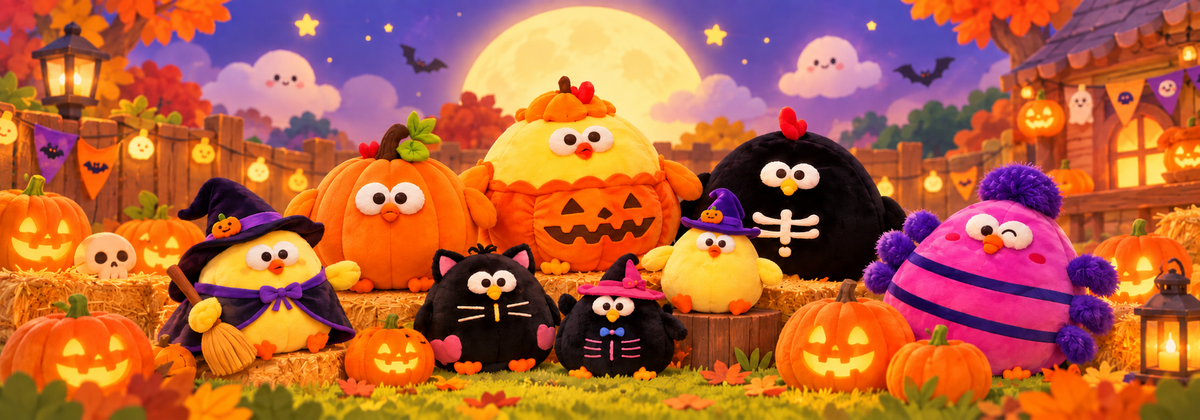 A festive Halloween scene with plush toy characters dressed as pumpkins, witches, cats, and a spider, gathered outdoors among jack-o'-lanterns, lanterns, and a full moon.