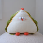 A cute, soft plush shaped like a triangular sandwich with a chicken-like face, featuring a white center, green outer border, orange beak and feet, and small white eyes.