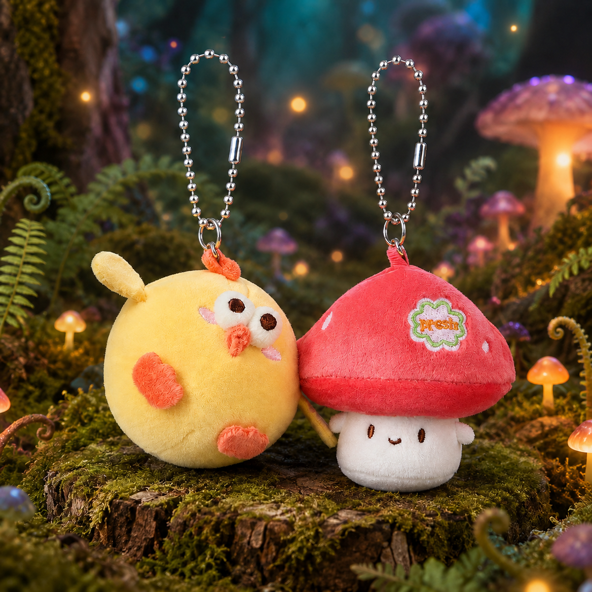 Two cute plush keychain charms sitting together on a mossy log in a glowing fantasy forest. One plush is a round yellow chicken with orange feet with a silver ball chain. The other plush is a mushroom with a red top and white body.