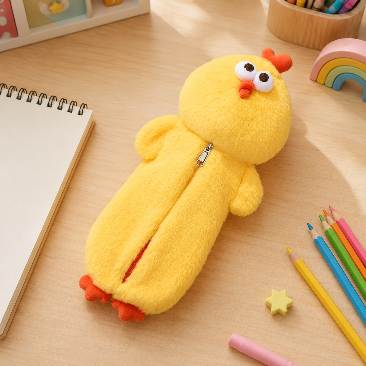 A yellow plush pencil case shaped like a chicken, lying on a light wood desk with school supplies nearby, including colored pencils, a notebook, and a small rainbow toy.