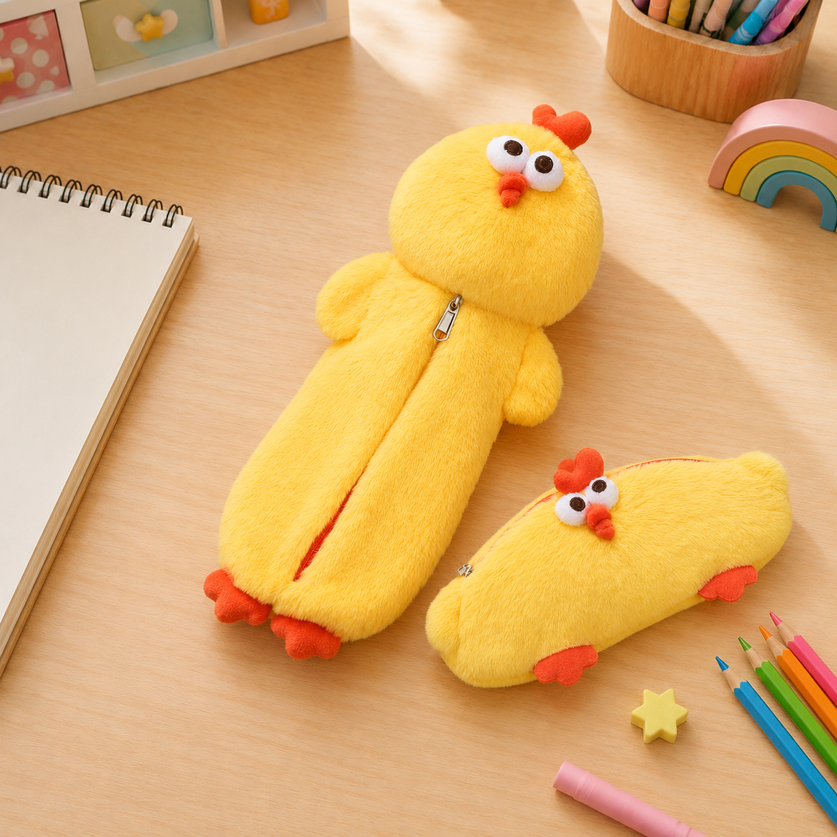 Two yellow plush chicken-shaped zipper pouches on a light wood desk, surrounded by school and office props like a notebook, colored pencils, and a rainbow toy.