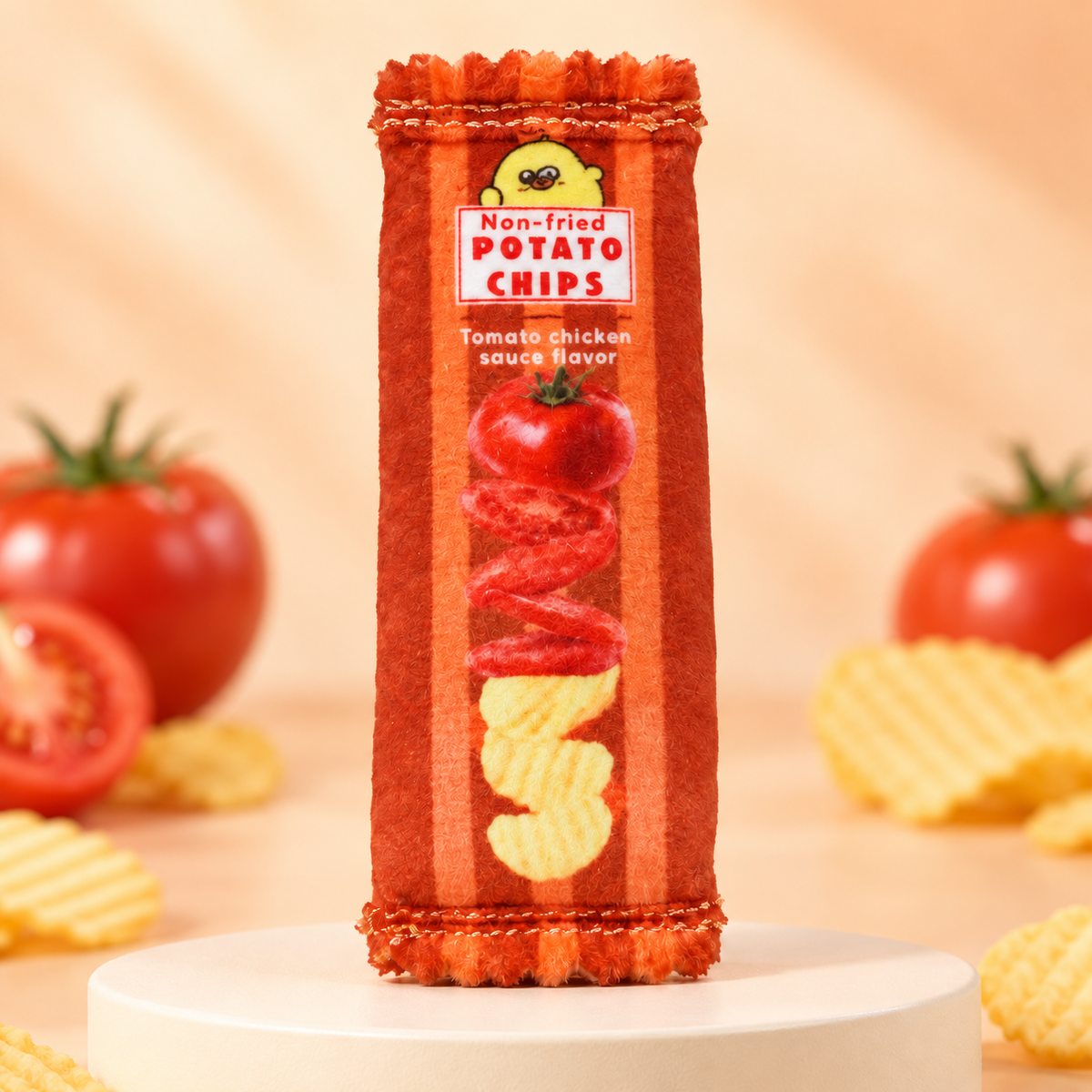 A novelty felt packaging wrapper for potato chips stands upright on a white round pedestal. The wrapper is red-orange with vertical stripes, a tomato graphic, and the text 'Non-fried POTATO CHIPS' and 'Tomato chicken sauce flavor.