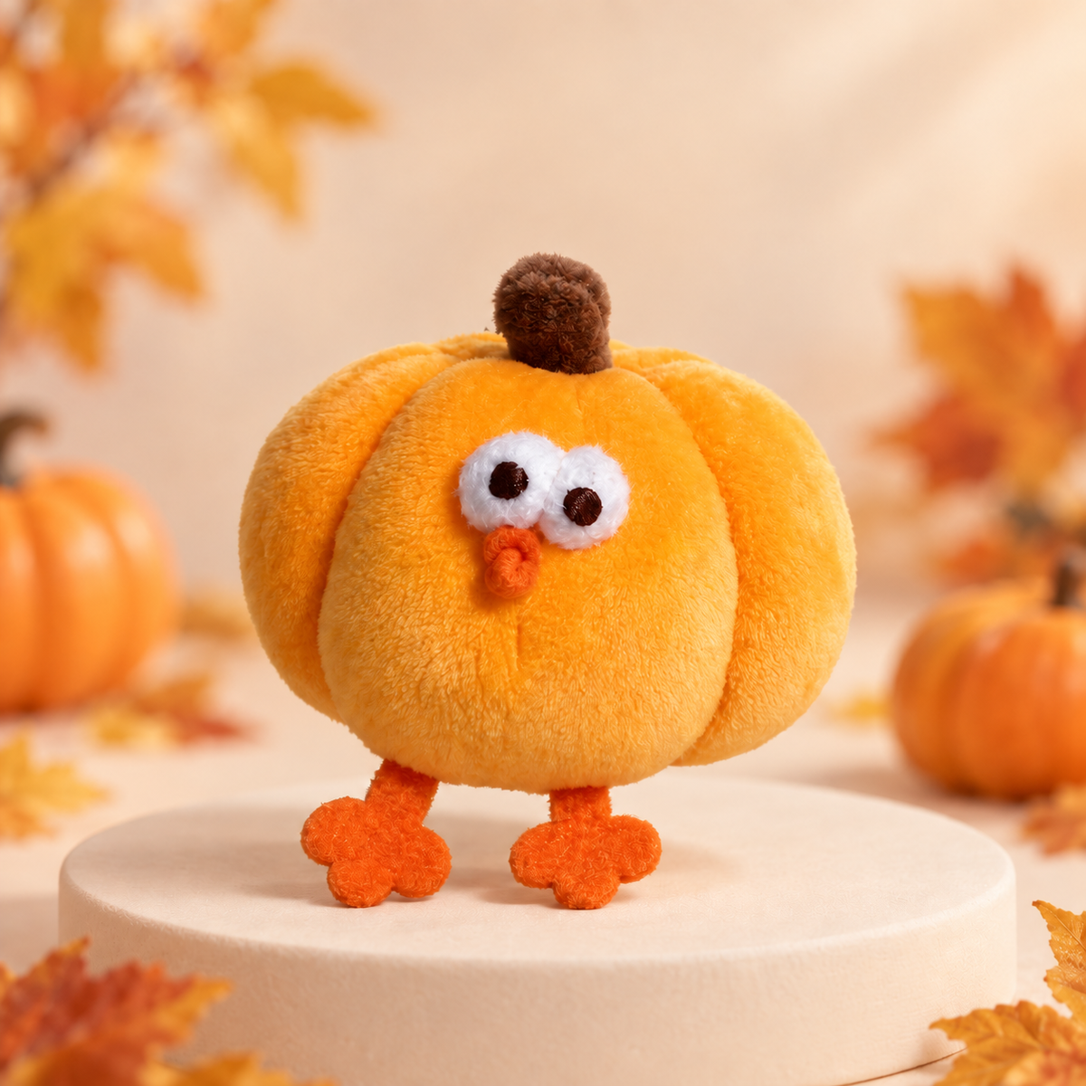 A small plush chicken-shaped pumpkin decoration with a brown felt stem, white and black googly eyes, an orange felt beak, and orange felt legs, standing on a round pedestal with autumn leaves and pumpkins in the background.