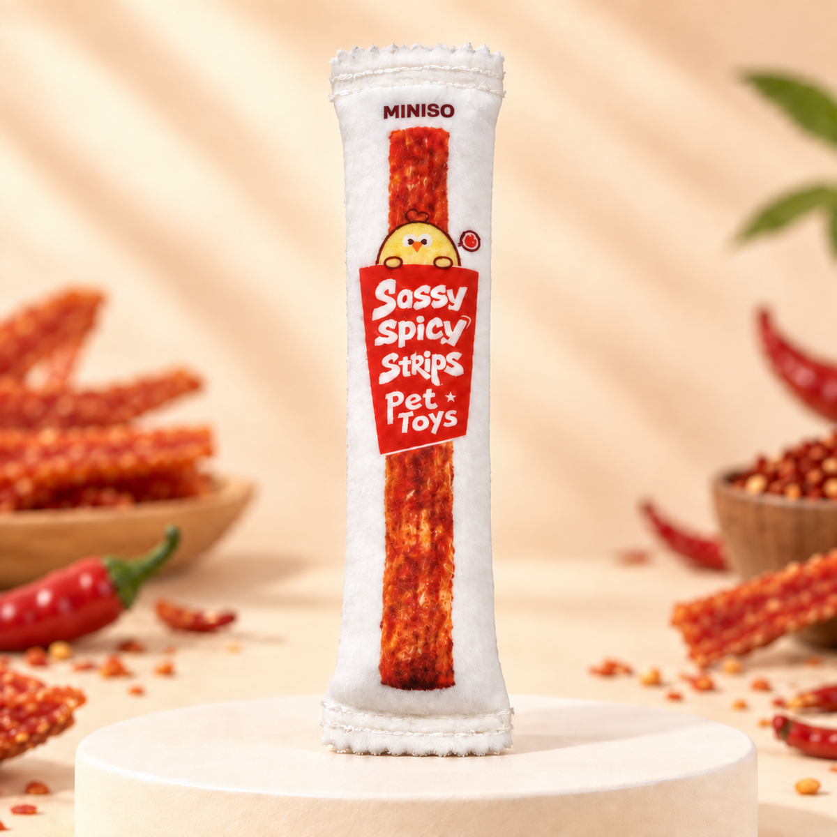 A single Miniso Sassy Spicy Strips Pet Toys snack stick stands upright on a round pedestal. The white wrapper has a red label with a yellow cartoon face, and the snack strip inside is orange-red.