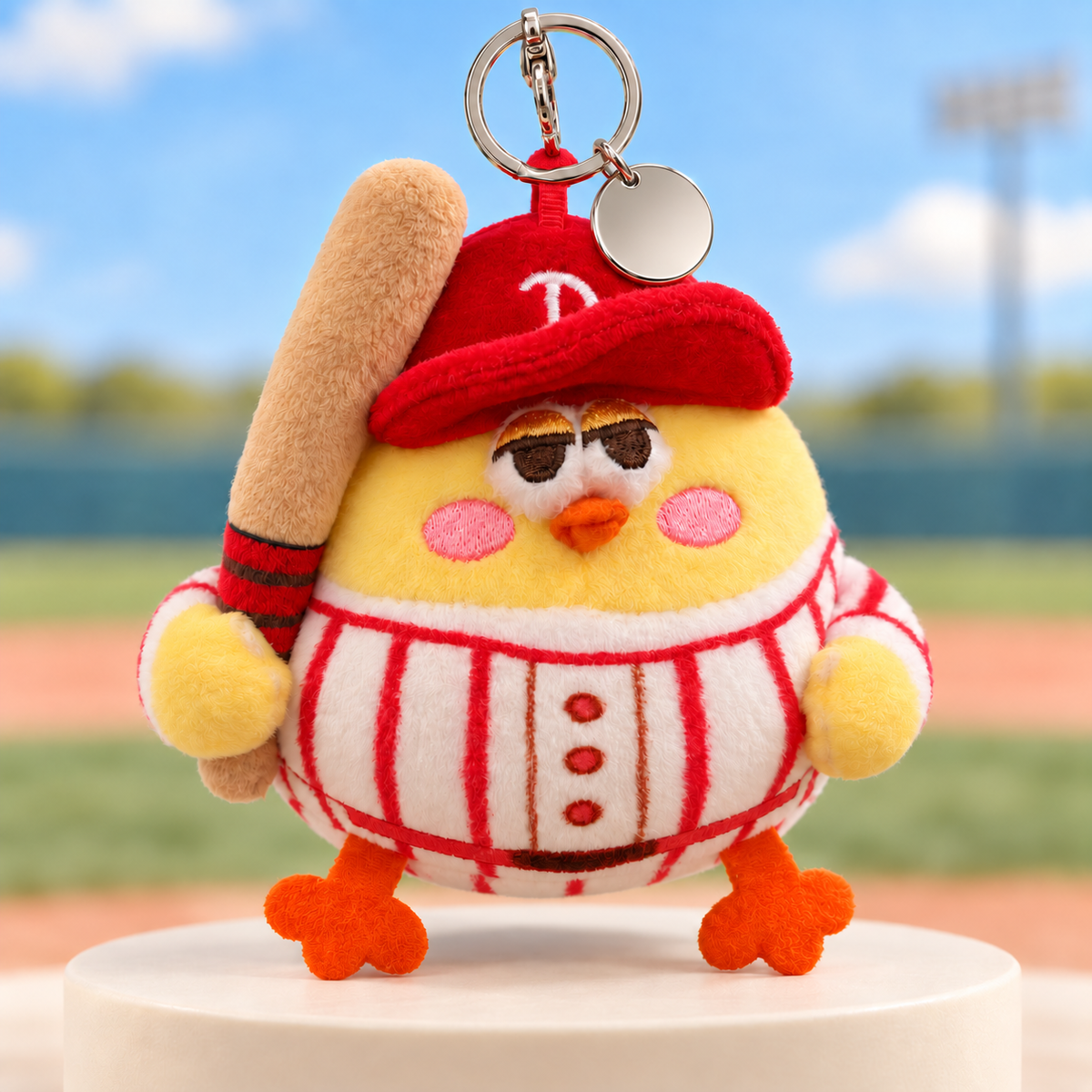(NEW) Dundun Chicken Baseball Player Soft Plush Keychain