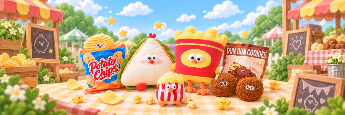 A whimsical, cartoon-style outdoor market scene featuring cute snack characters arranged on a picnic blanket. The characters include a blue baguette labeled 'Potato Chips,' a white triangular dumpling, a red cup-shaped pastry with yellow popcorn, brown round cookies, and a striped red-and-white character.